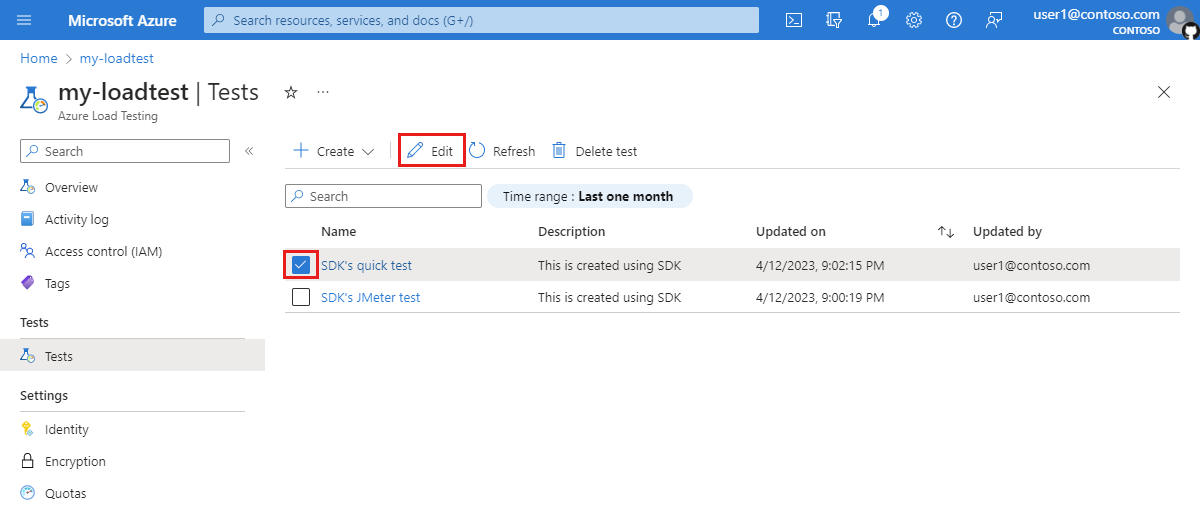 Screenshot that shows how to select and edit a load test in the Azure portal.