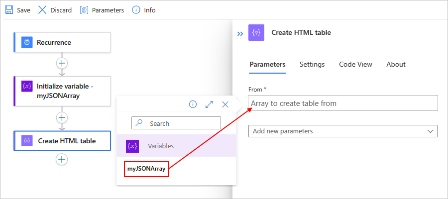 Screenshot showing the designer for a Standard workflow, the "Create HTML table" action, and the selected input to use.