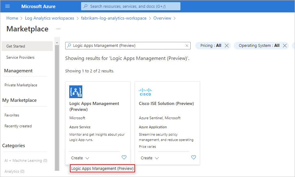 Screenshot showing the Azure portal, the Marketplace page, the 'Logic Apps Management' tile, with the Create list open, and Logic Apps Management (Preview) selected.