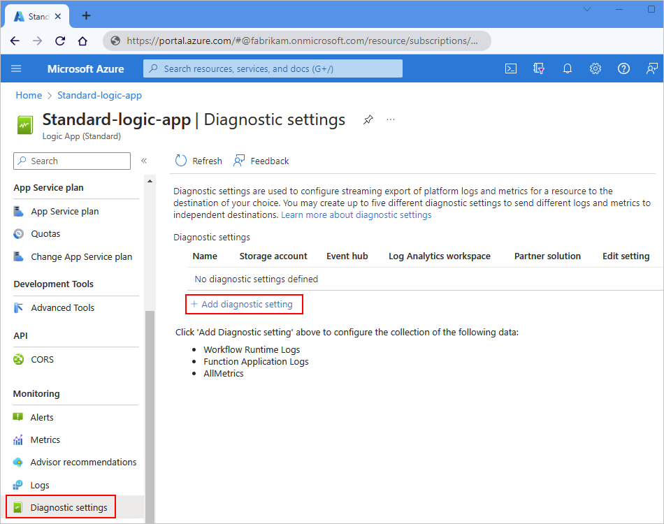 Screenshot showing Azure portal, Standard logic app resource menu with 'Diagnostic settings' selected and then 'Add diagnostic setting' selected.