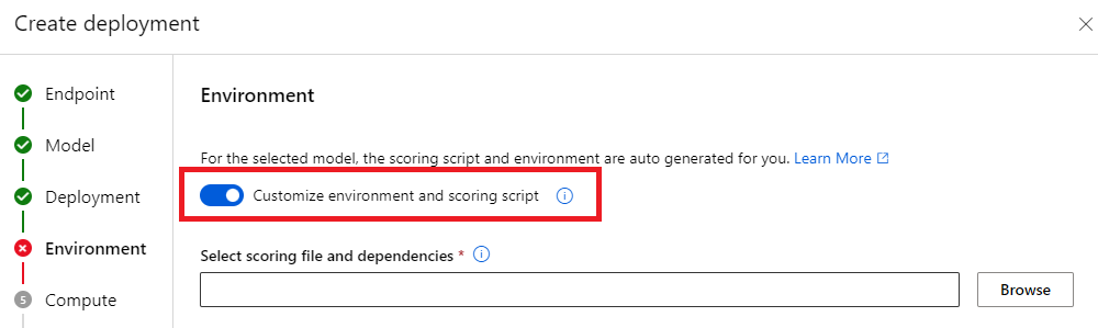 Screenshot of the step where you can configure the scoring script in a new deployment when the model has MLflow format.