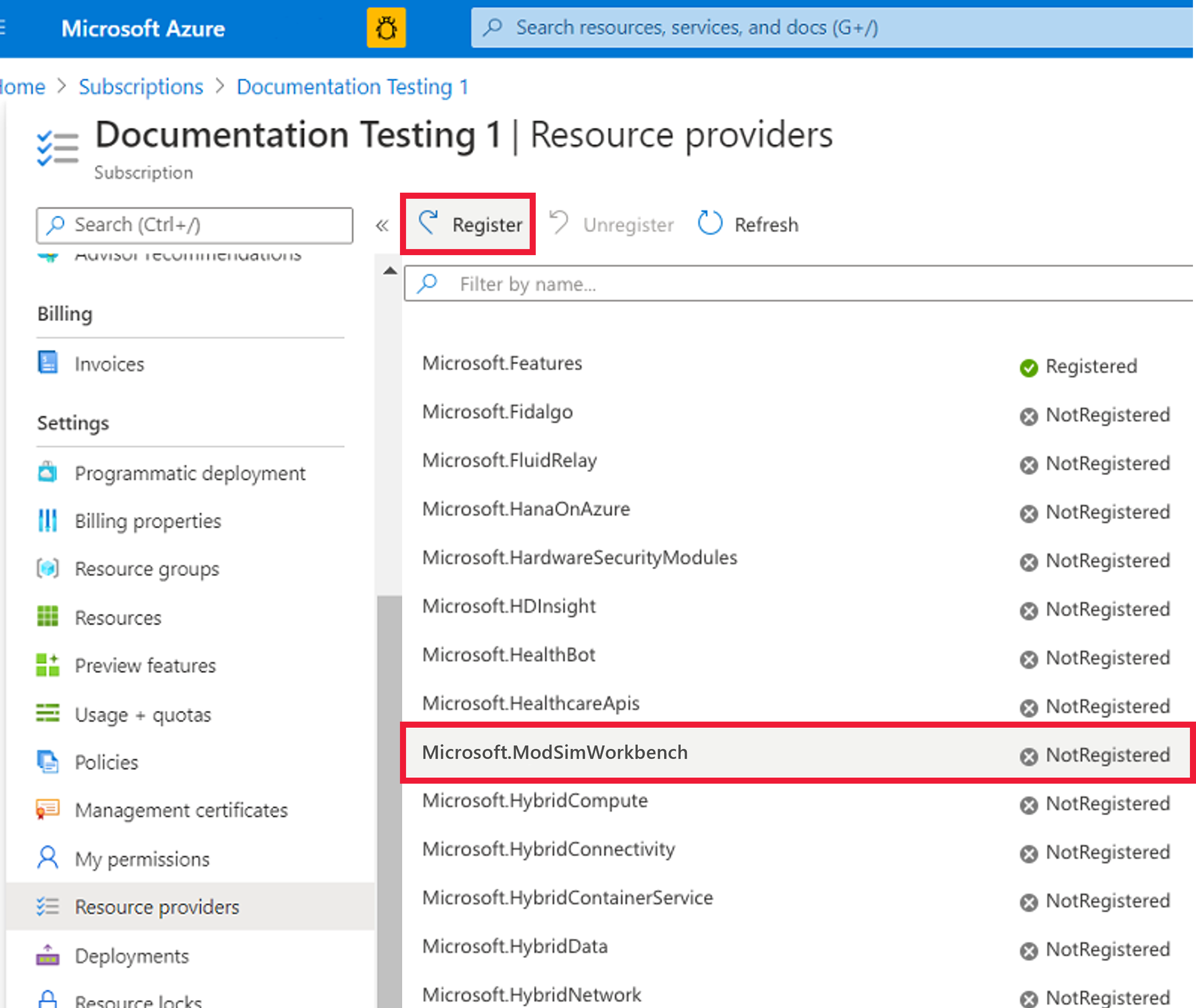 Screenshot of the Azure portal in a web browser, showing register resource providers.