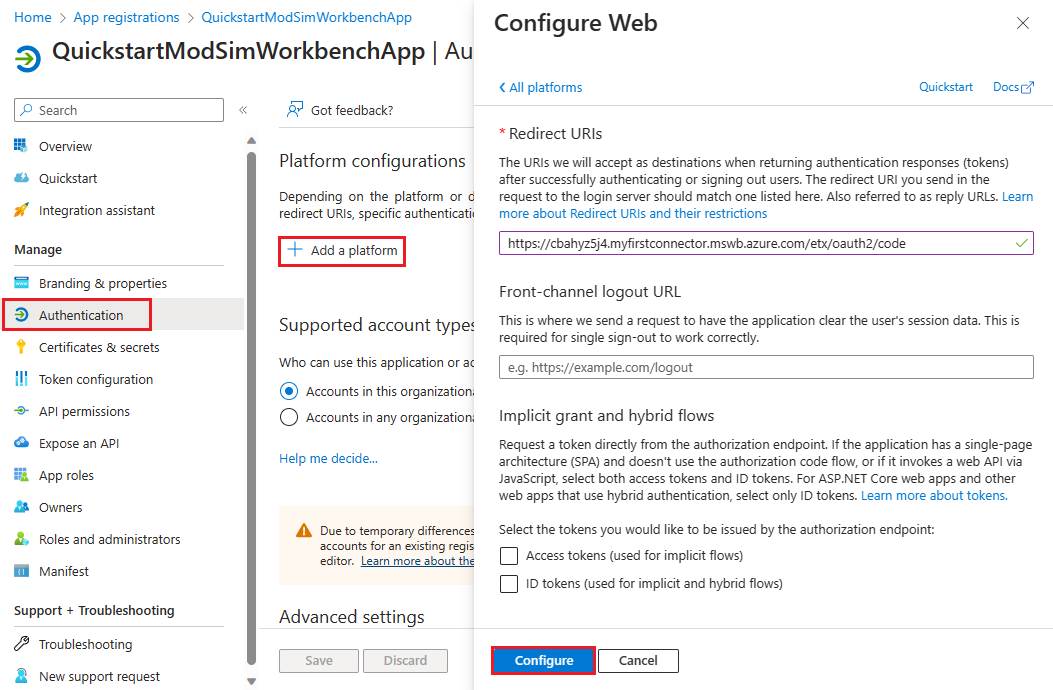 Screenshot of the Microsoft Entra app Authentication page showing where you configure web authentication.