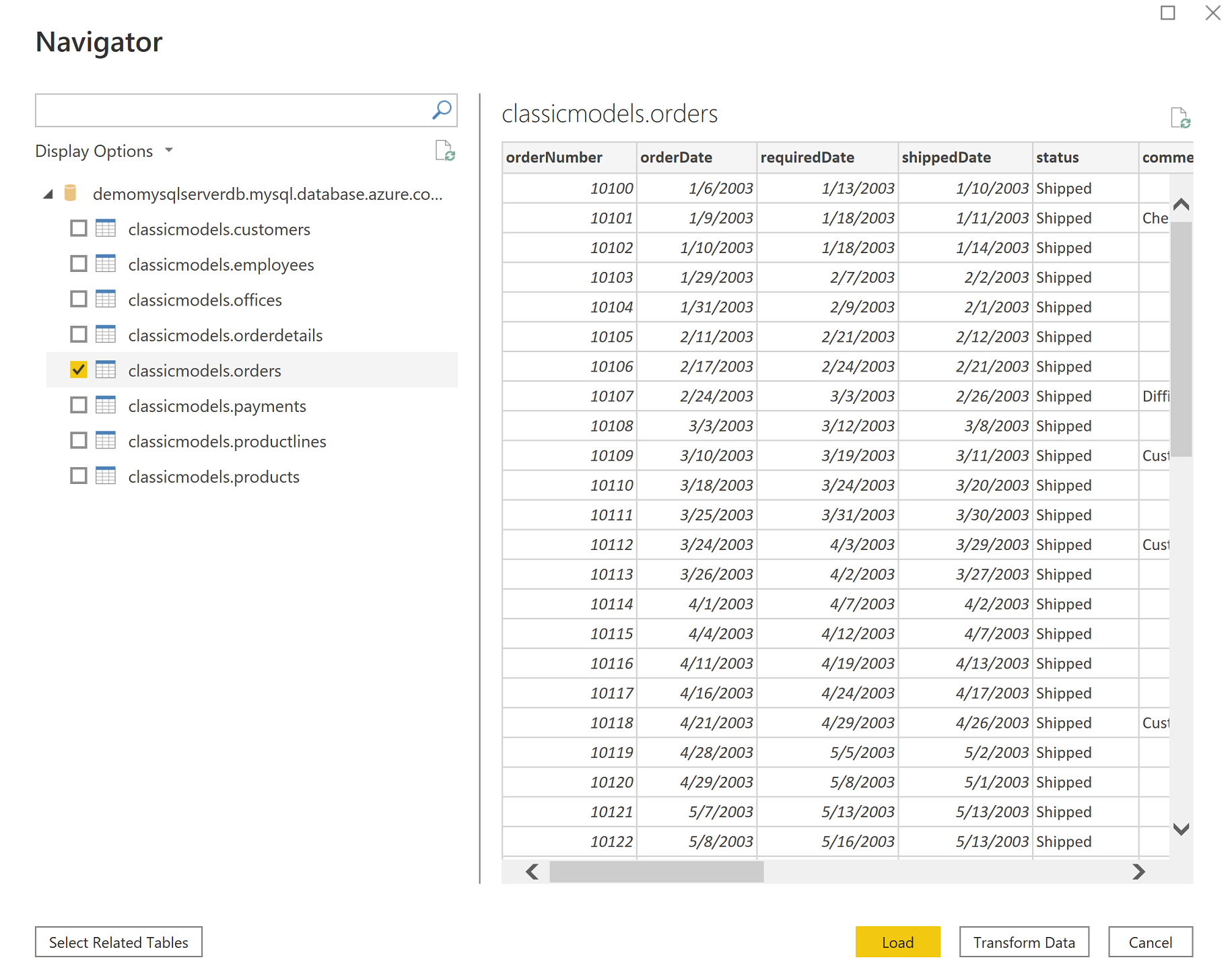 Screenshot of navigator to view MySQL tables.