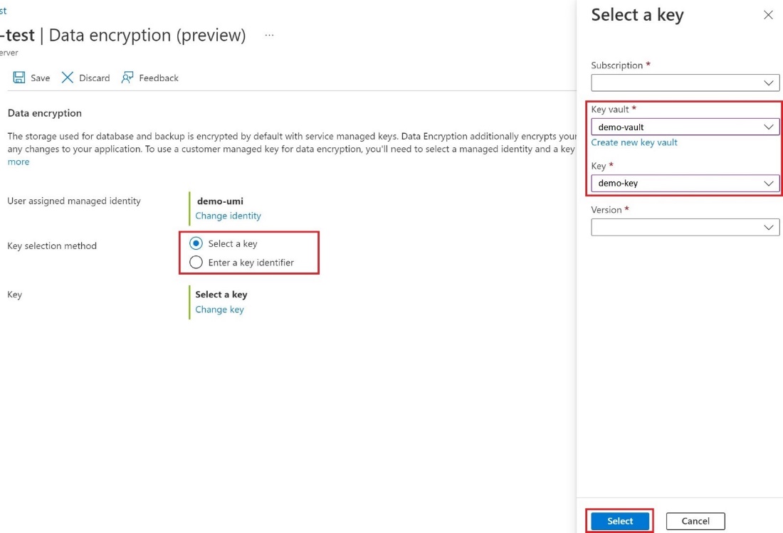 Screenshot of the Select Key page in the Azure portal.