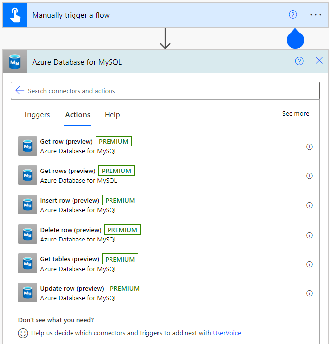 Screenshot that shows how to view all the actions for Azure Database for MySQL flexible server connector.