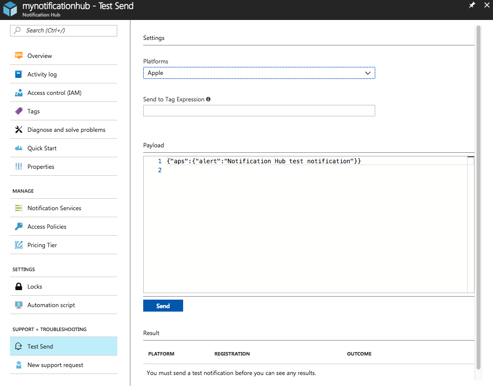 Test Send functionality in Azure