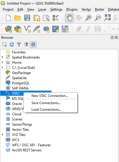 Screenshot of the QGIS Browser panel context menu with New STAC Connection selected.