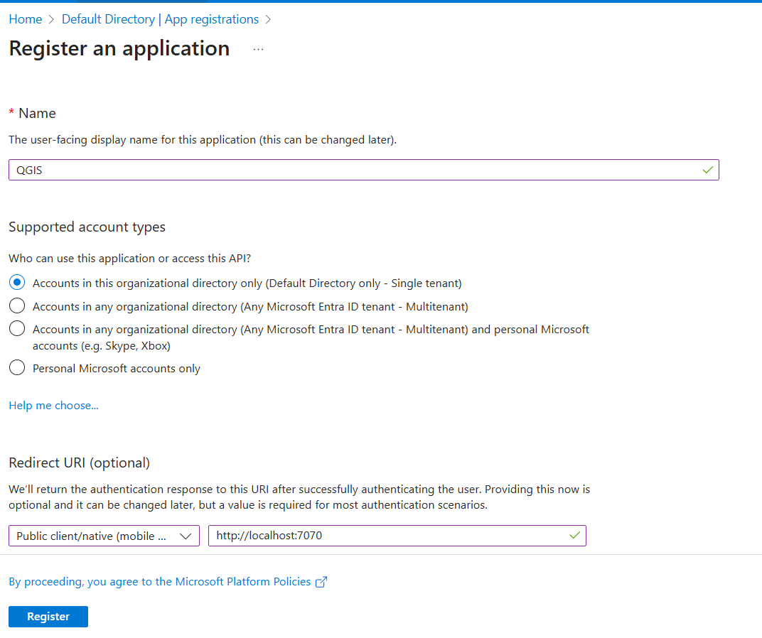 Screenshot of the New app registration form with the name, account type, and redirect URI fields populated.