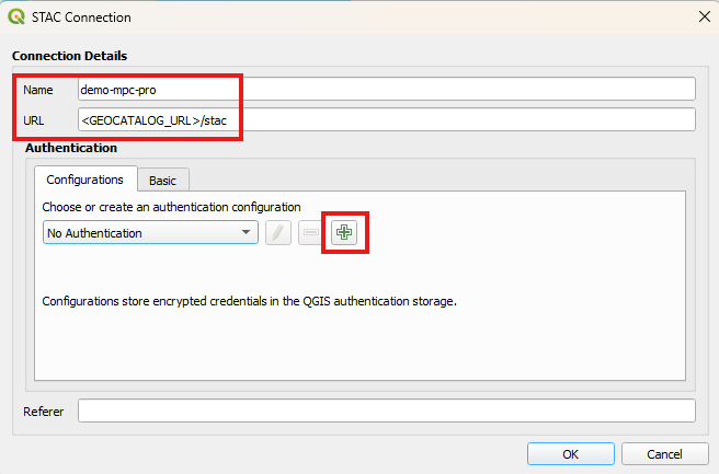 Screenshot of the STAC connection dialog showing the URL field and authentication button.