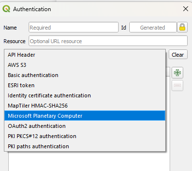 Screenshot of the authentication profile list with Microsoft Planetary Computer selected.