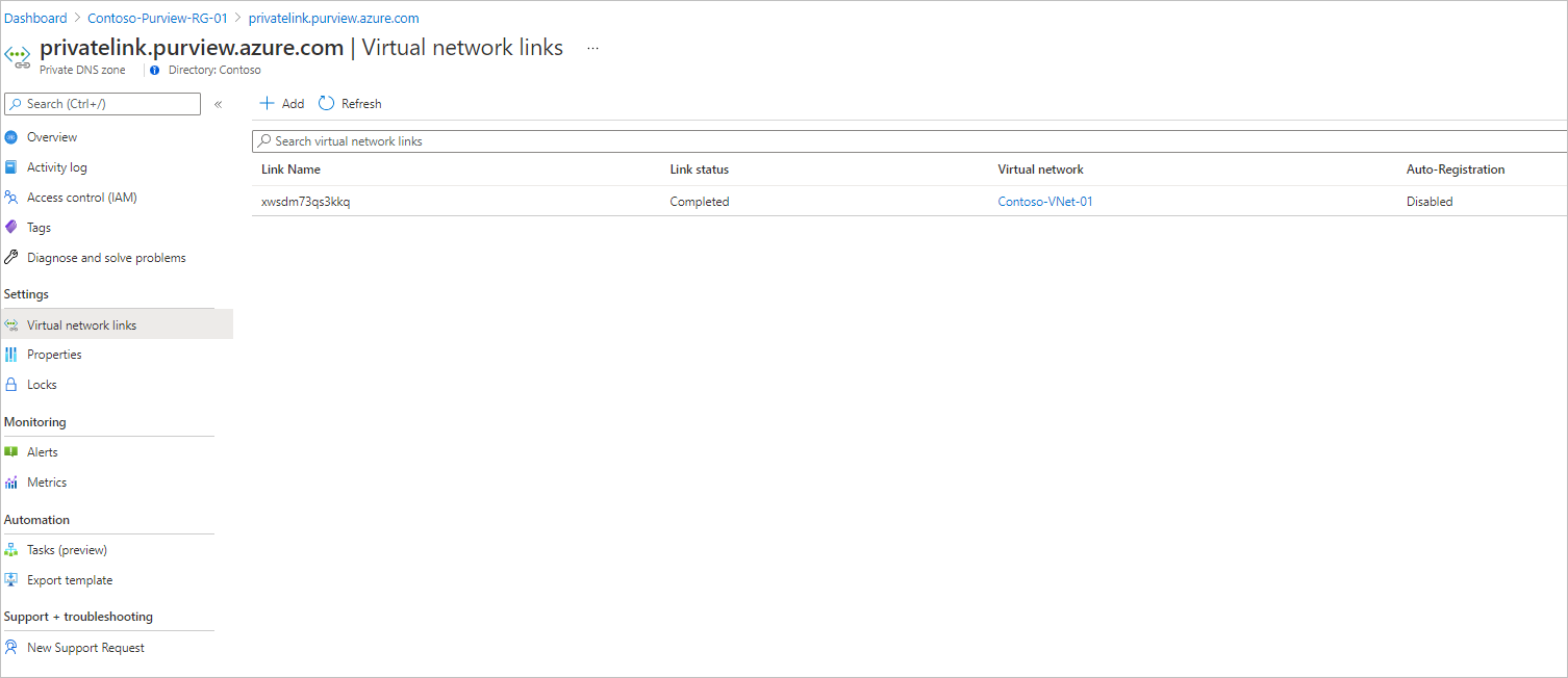 Screenshot that shows virtual network links on DNS Zone.