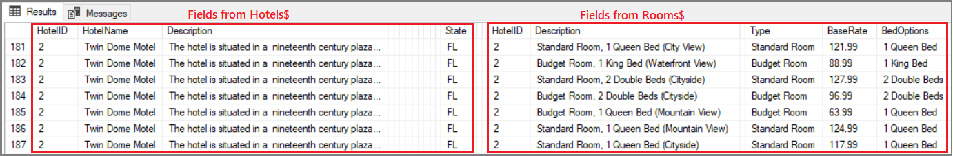Screenshot of denormalized data, redundant hotel data when room fields are added. Denormalized data, redundant hotel data when room fields are added