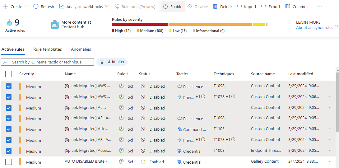 Screenshot showing Analytics rules with deployed Splunk rules highlighted ready to be enabled.