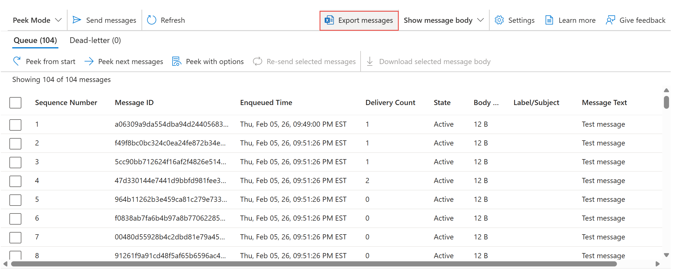 Screenshot showing the export messages experience.