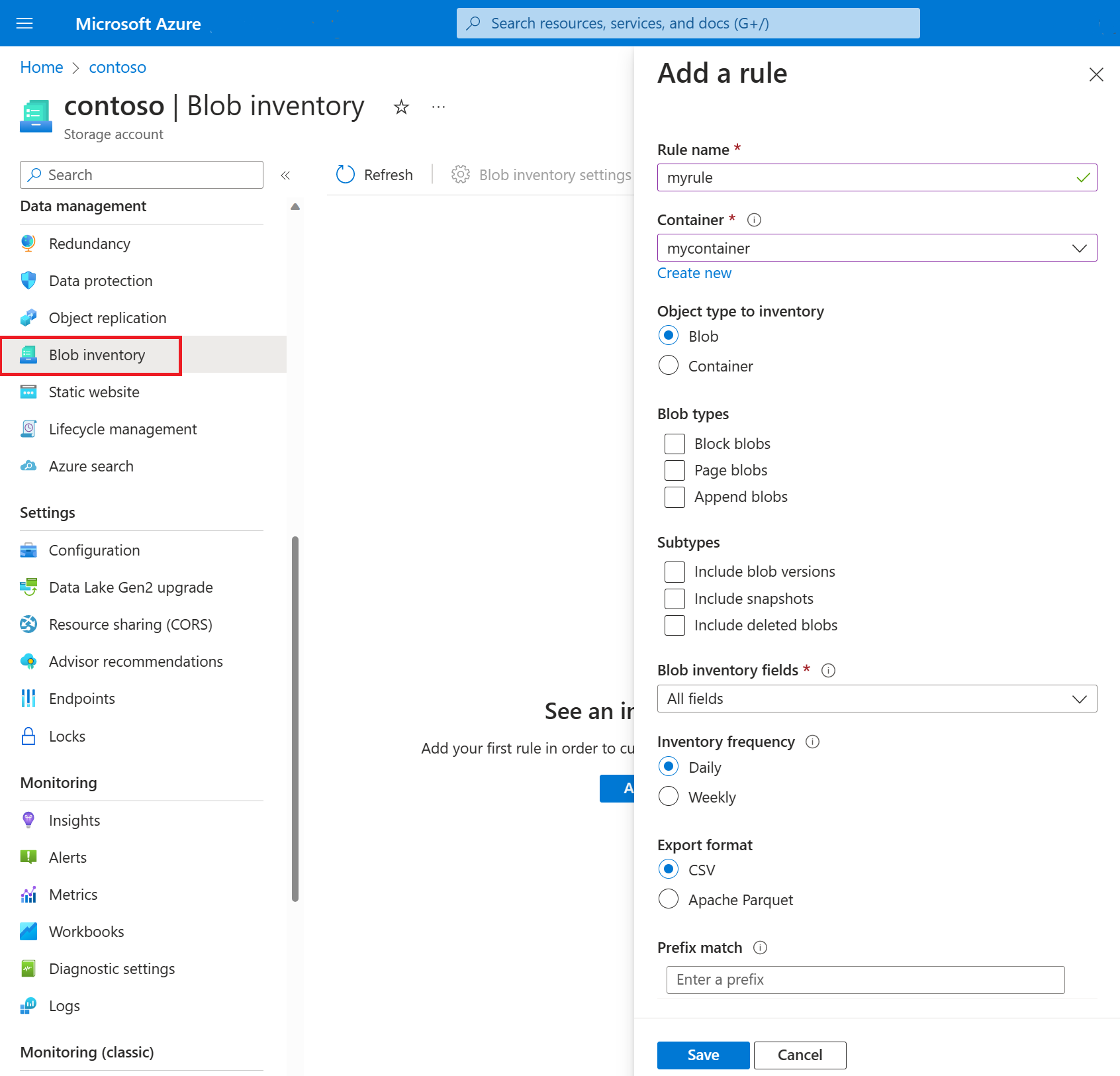 Screenshot showing how to add a blob inventory rule by using the Azure portal.
