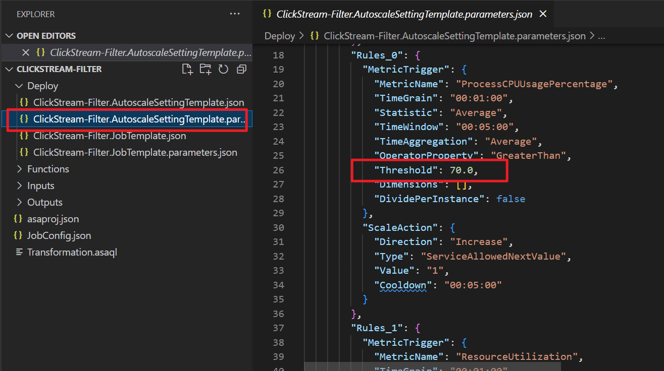 Screenshot that shows how to set the metric threshold in a parameter file.