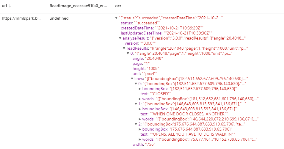 Screenshot of the expected results from the example OCR analysis.
