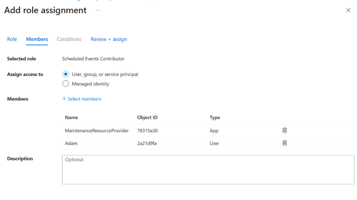Screenshot showing adding a member to the ScheduledEventContributer role in Azure portal.
