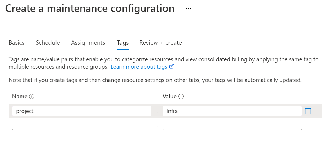Screenshot that shows name and value boxes for adding tags to a maintenance configuration.