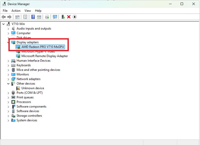Diagram that shows successful configuration of the Radeon Pro V710 card on an Azure NVads V710 v5 VM.