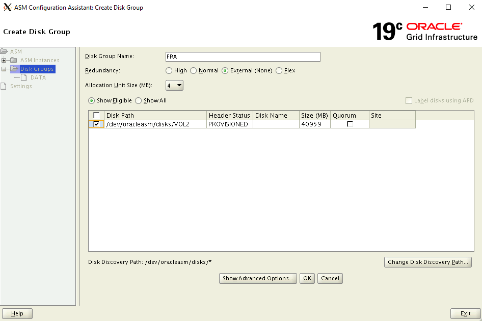 Screenshot of the Create Disk Group dialog box.