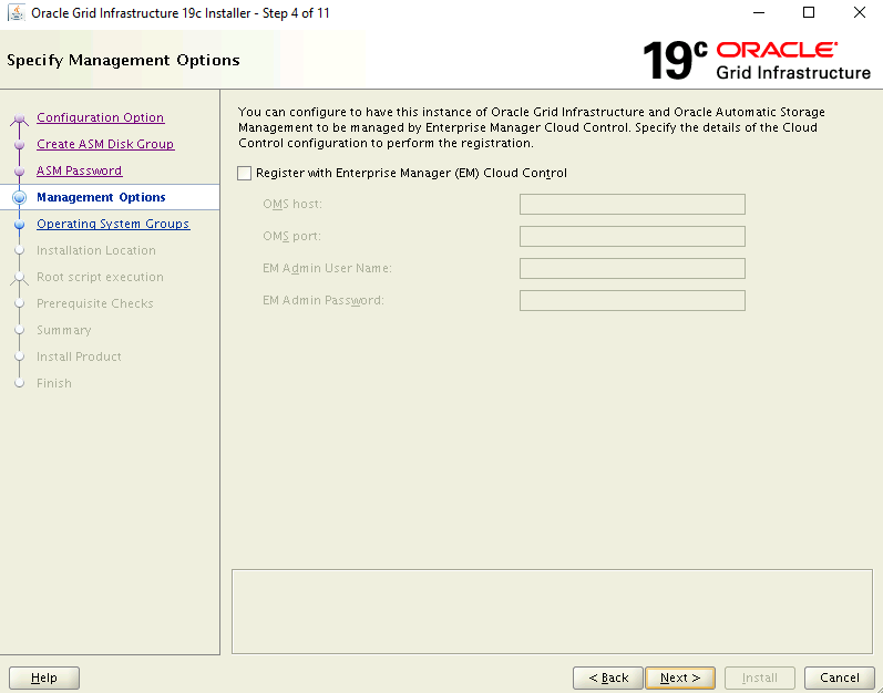 Screenshot of the installer's Specify Management Options page.