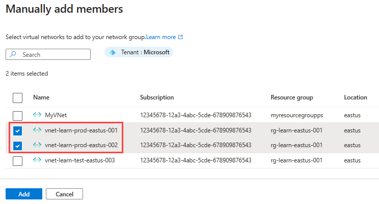 Screenshot of selecting virtual networks on the pane for manually adding members.