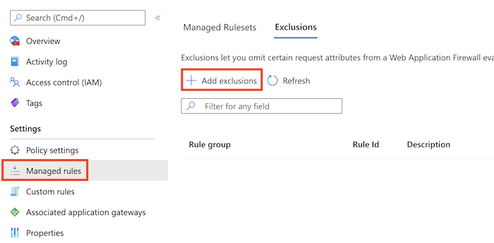 Screenshot of the Azure portal that shows how to add a new per-rule exclusion for the W A F policy.