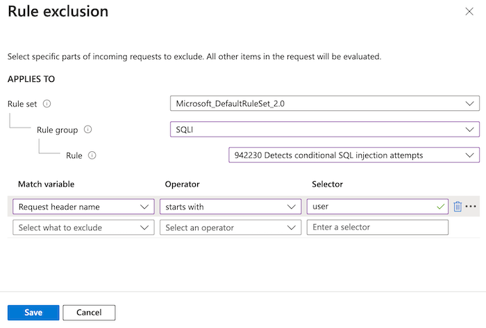 Screenshot that shows the Azure portal showing the exclusion configuration.