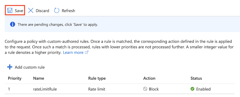 Screenshot that shows the custom rule list, including the new rate-limit rule.