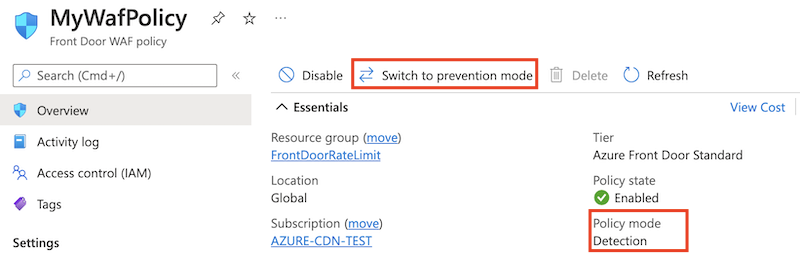 Screenshot that shows the WAF policy, with the policy mode and Switch to prevention mode button highlighted.