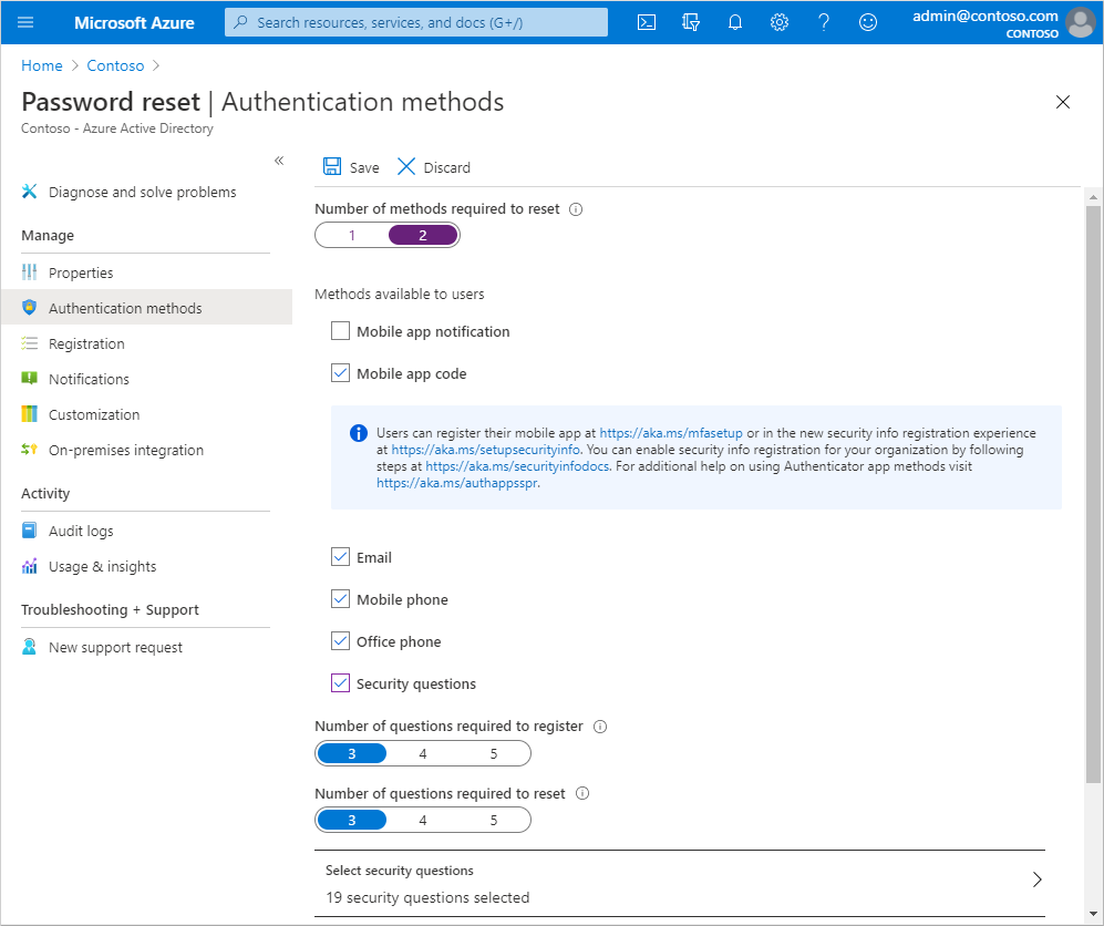 Authentication methods selection in the Azure portal