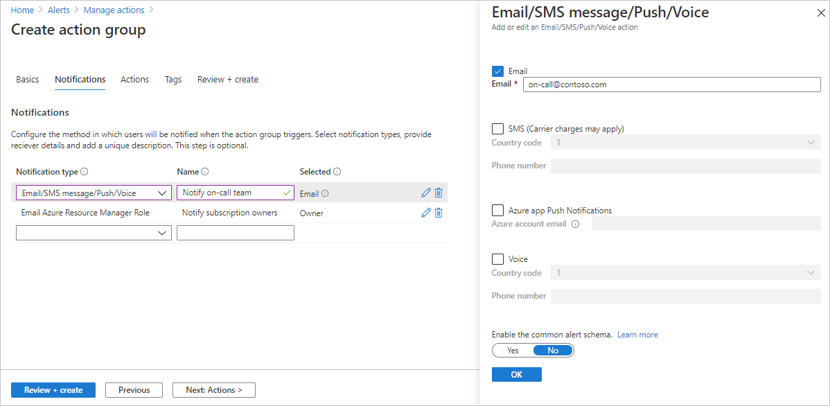 Screenshot of the Notifications tab of the Create action group dialog box. Configuration information for an email notification is visible.