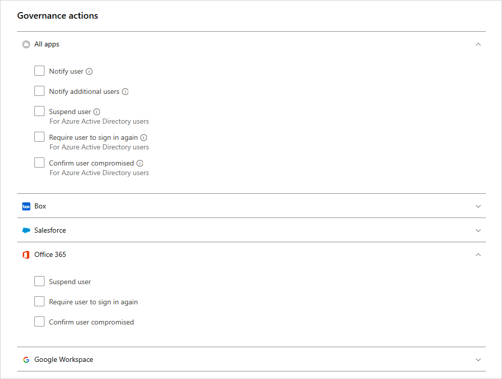 Defender for Cloud Apps activity policy governance actions.