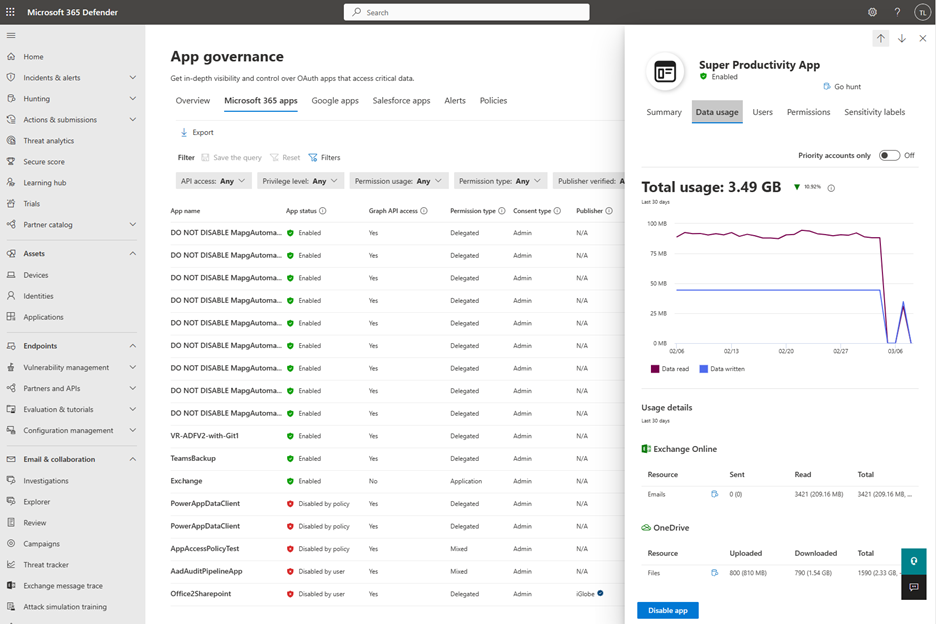 Screenshot of the app details pane with data usage details.