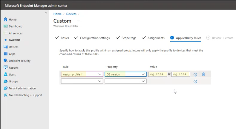 The applicability rules in the Microsoft Intune admin center portal