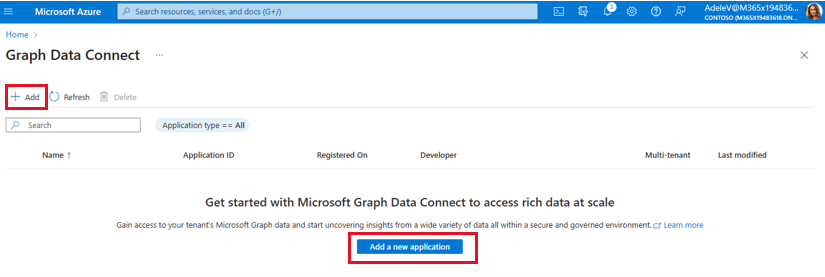 A screenshot that shows the Azure portal Data Factory to create a new application.