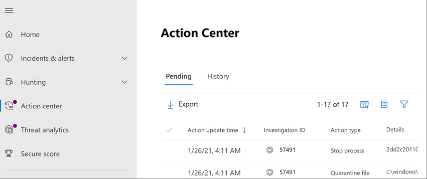 The unified Action center in the Microsoft 365 Defender portal.