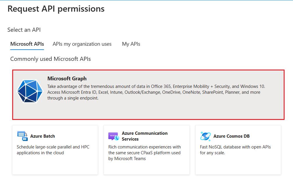 Screenshot shows the Request API permissions page with Microsoft Graph option highlighted.