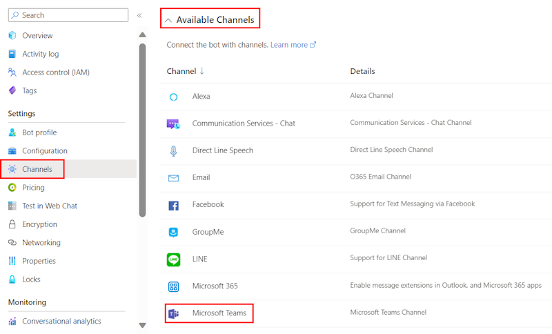 Screenshot shows the selection of Teams in channels.