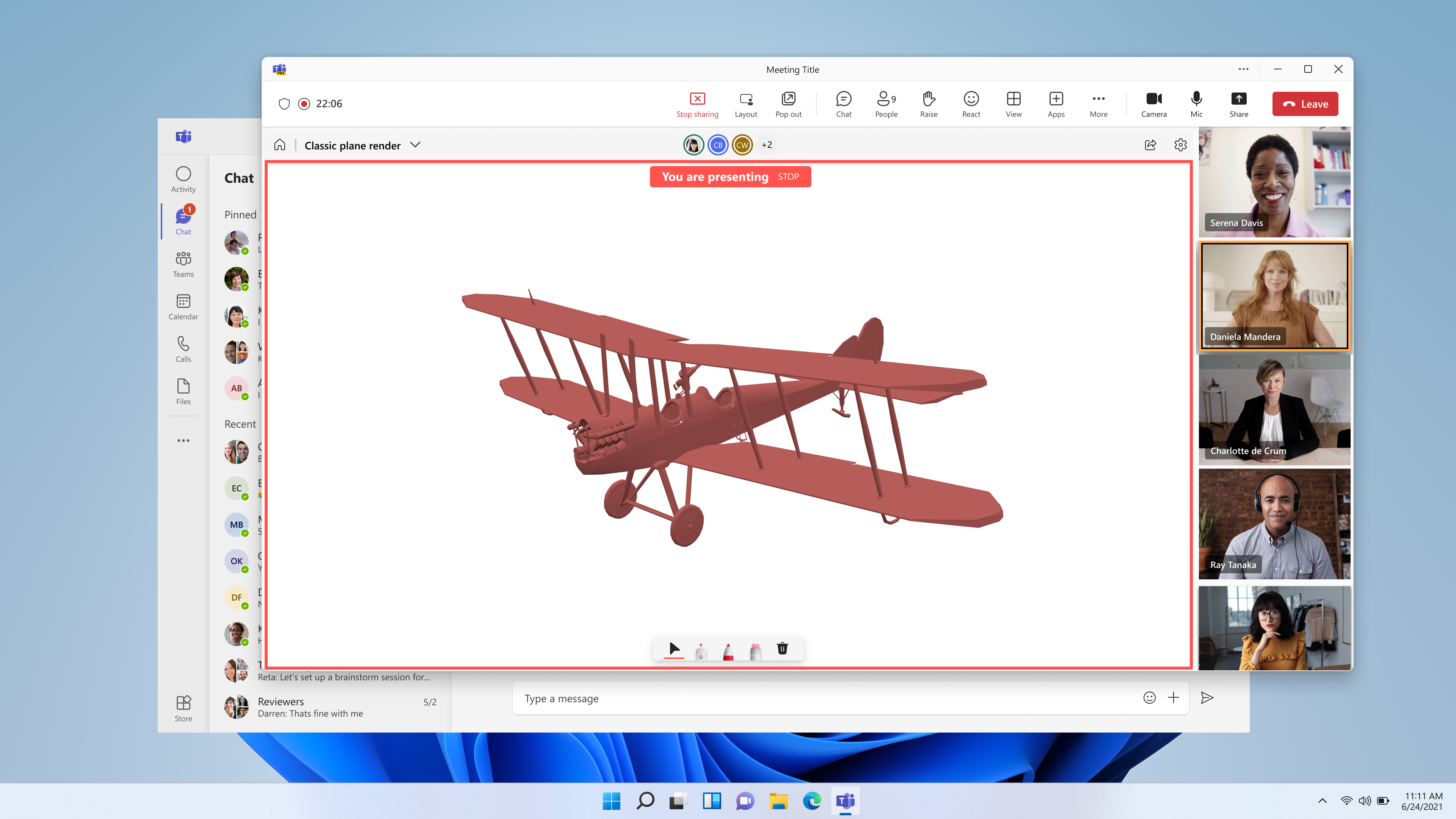 Screenshot featuring Live Share in a meeting. Meeting participants are looking at a 3D model together.