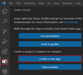 Location of the Create New Project link in the Teams Toolkit sidebar.