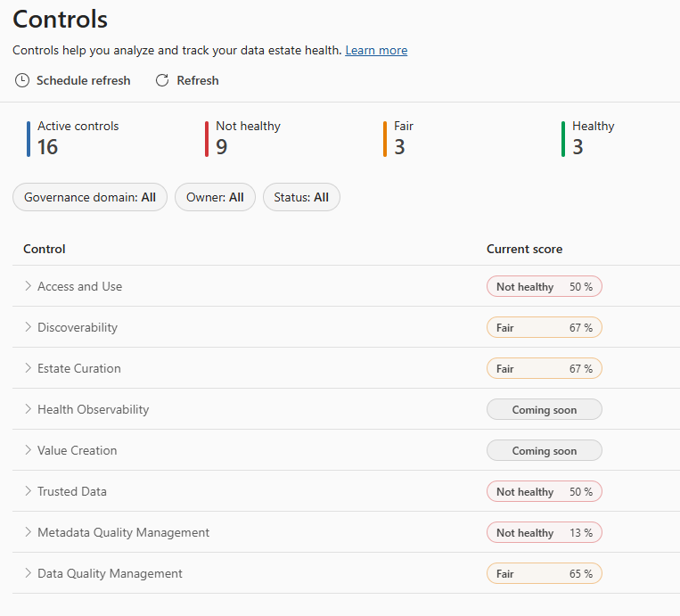 Screenshot of the health controls page in data estate health.