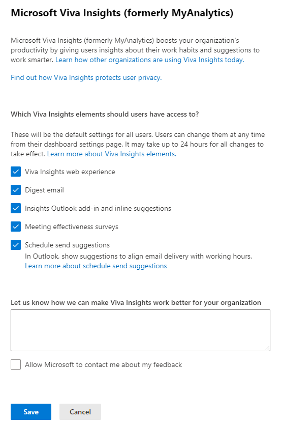Screenshot that shows the Microsoft Viva Insights (formerly MyAnalytics) settings pane with all selections enabled.