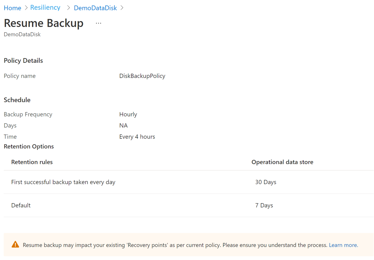 Screenshot showing the option to resume backup.