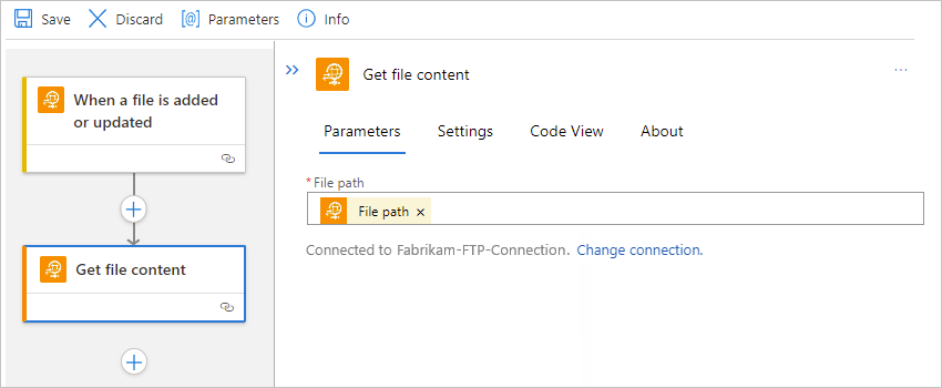 Screenshot shows workflow designer with the Get file content action complete.