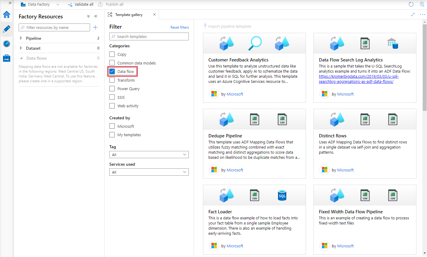Screenshot that shows the template gallery filtered for data flows.
