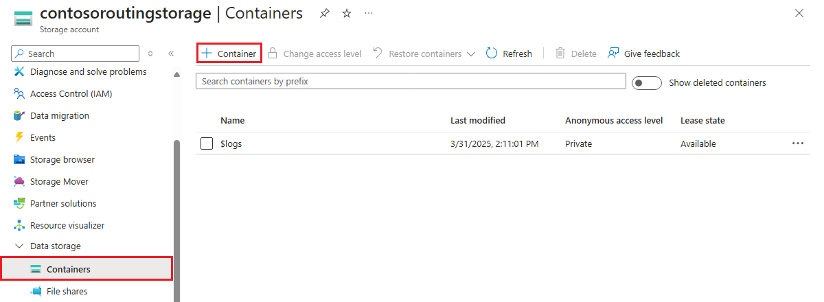 Screenshot that shows how to create a container for a storage account in the Azure portal.