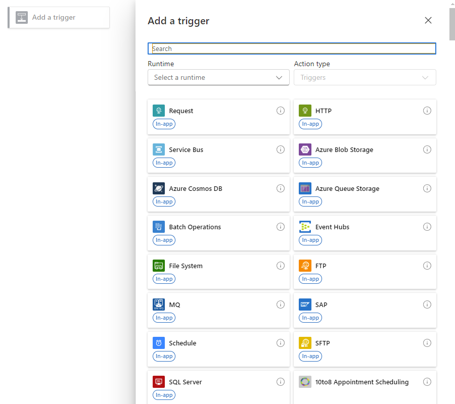 Screenshot shows workflow designer, the selected prompt named Add a trigger, and the gallery for connectors and operation groups with triggers.